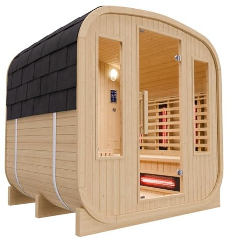 Dewello® - Outdoor Fasssauna Richmond - ca. 200 cm x 180 cm x 200 cm, Fichtenholz - Cube inkl. 10 Infrarotstrahler, Saunaofen und Saunazubehör I Gartensauna, Außensauna, Sauna Fass für 4 Personen