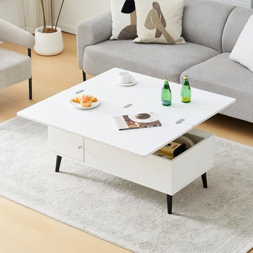 TUKAILAI Couchtisch Höhenverstellbar, Wohnzimmertisch mit Schublade & verstecktem Fach, Wohnzimmertisch Holz 50 x 100 cm, Couch Tisch Wohnzimmer (Zwei Tische, Weiß)