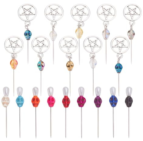 arricraft 19 Stück Kerzen Magie Ritualstifte Anstecknadel Aus Karbonstahl Mit Totenkopf Und Pentagramm Anhänger. Farbiger Synthetischer Türkis Und Galvanisierter Glas Totenkopf Für Ansteckblumen