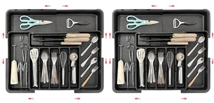 hssopa Besteckkasten,Schubladen Organizer,Besteckkasten für Schubladen,Küchen Organizer,Verstellbarer Besteckkaste Erweiterbar auf 56 cm Breite (2PCS Schwarz Ja Messer-Halter)