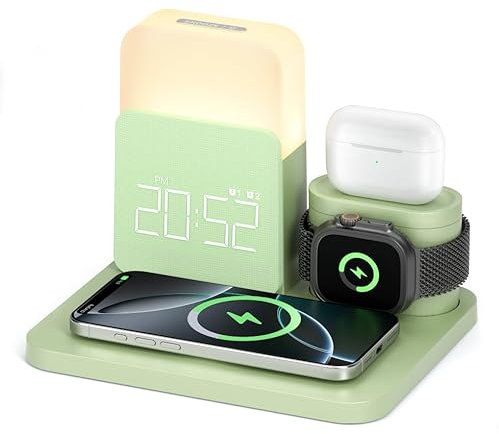 COLSUR 3 in 1 Ladestation für Apple Watch iPhone Airpods,15W Schnell Wireless Charger für iPhone 17/16/15/14/13, Nachttischlampe mit Ladefunktion, Wecker mit Ladestation, Handy Zubehör - Grün
