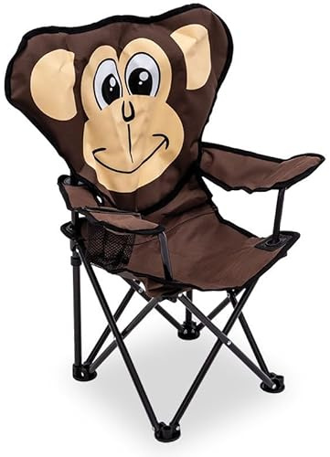 PlumbEZ Quest Kids Animal Camping Chair – Monkey Design – Lightweight Folding Children’s Outdoor Seat with Armrests, Cup Holder & Carry Bag