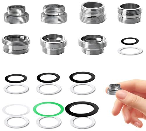 7 Stück 18-28MM Wasserhahn Adapter Set, Wasserhahn Gewindeadapter Schwenkbarer Aufsatz mit Dichtungen Außengewinde Doppelgewinde für Adapter Gartenschlauch Spülbecken Wasserfilter
