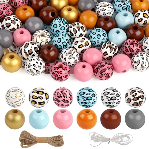 120 Stück Holzperlen zum Auffädeln, 16 mm Holzperlen Bunt, Leopard Groß Holzkugeln mit Loch für DIY Halskette, Armband, Schlüsselanhänger (mit 2 Art Perlenseil)