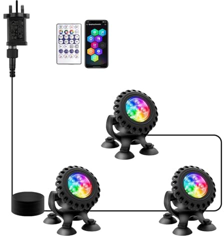 T-SUN Colored Pond Lights with Timer,LED Underwater Pond Light Submersible Fountain Lights for Fish Tank Landscape Spotlight-Bluetooth APP & Remote Control,IP68 Waterproof,Aquarium,Yard (3 Heads)