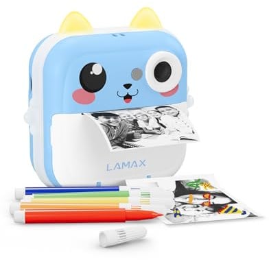 LAMAX InstaKid2 Plus Kinderkamera Sofortbildkamera mit Thermodruck ohne Tinte, 48 MP, Full HD Video, App, Sticker & Notizen drucken, Spiele, Selfie-Spiegel, USB-C, microSD (InstaKid2 Plus Blue)