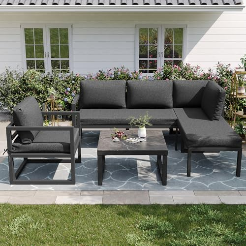 ECLIVON Gartenmöbel Sitzgruppe für 5-6 Personen, Outdoor Möbel 4-teilig mit Couchtisch und Sofa, Gartenmöbel Set mit Sitzkissen und Kissen, Balkonmöbel Essgruppe für Garten Balkon Terrasse, Grau