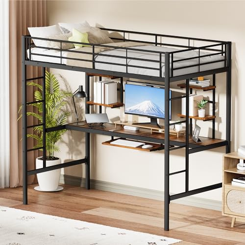 SXTXOZ Hochbett 90x200cm, Hochbett mit Schreibtisch und Regalen Stauraum, Hochbett Metall mit Sicherheitsgeländern und rutschfesten Treppen füR Jugendliche und Erwachsene, Schwarz