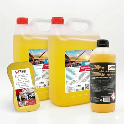 Wotan's Auto Pflege Set 11L – Komplettes Reinigungsset: 10L Sommerscheibenreiniger (2x 5L), 1L Autoshampoo Konzentrat & Reinigungsschwamm – Für Lack & Scheiben