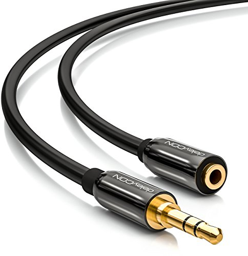deleyCON 1,5m Câble D'extension Stéréo Acoustique - Prise 3,5mm vers Fiche 3,5mm - aux Câble avec Bouchon Métallique - Noir
