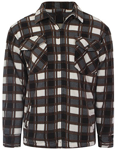MyShoeStore Mens Padded Shirts Lumberjack Collared Hooded Flannel Check Jacket Thick Quilted Work Wear Warm Thermal Fleece Fur Lined Top Casual Coat (Collared Brown, 3XL)