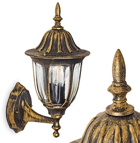 Außenwandleuchte Ribadeo, Wandlampe aufwärts in antikem Look, Aluguß in Schwarz/Gold m. Klarglas-Scheiben, Wandleuchte m. E27-Fassung, Retro/Vintage Außenleuchte für Terrasse u. Hof, ohne Leuchtmittel