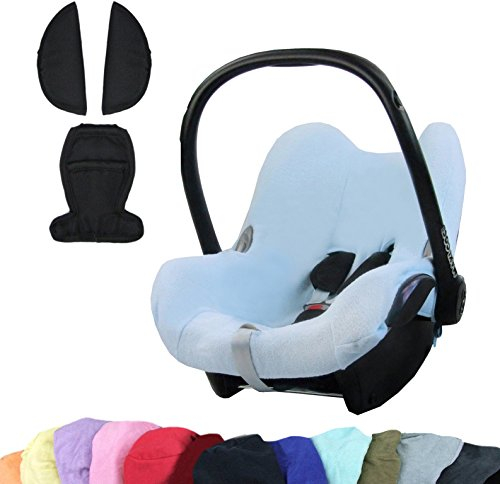 BAMBINIWELT KOMBI-ANGEBOT Sommerbezug, Schonbezug, Bezug aus Frottee + Gurtpolster für Maxi Cosi CabrioFix (hellblau +schwarz)