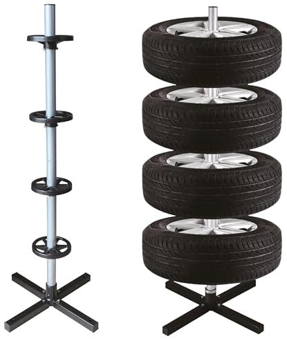 Supporto Verticale per Pneumatici Auto con 4 distanziatori Inclusi – Struttura salvaspazio Stabile e Resistente per Lo stoccaggio ordinato delle gomme