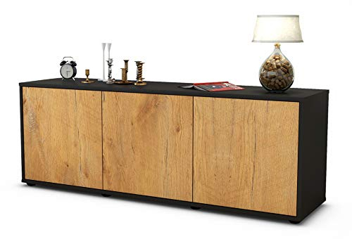Stil.Zeit TV Schrank Lowboard Allegra, Korpus anthrazit matt, Front Holz Design Eiche (135x49x35cm), Push to Open Technik