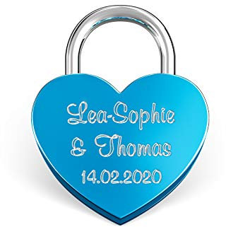 LIEBESSCHLOSS-FACTORY Kleines mini Herz-Schloss Blau mit Gravur und Schlüssel, gratis Geschenkbox uvm. Jetzt graviertes Liebes-Schloss in Herzform gestalten!