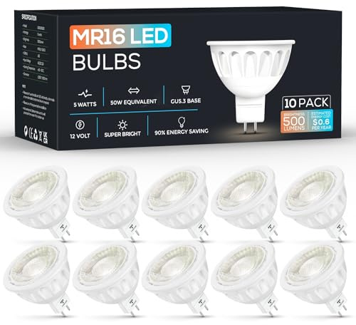 Torkase MR16 LED Bulb Dimmable,GU5.3 Bi-Pin Base MR16 LED Bulbs,5W(50W Equivalent),Outdoor Landscape 12V Low Voltage Light Bulbs,3000K Soft Warm White Recessed Tracking Spot Lights,UL Listed-10Pack