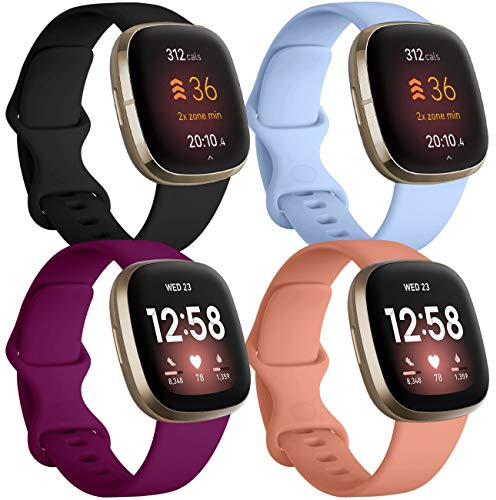 JUVEL Ersatzarmband Kompatibel mit Fitbit Versa 3 Armband/Fitbit Versa 4 Uhrenarmband/Fitbit Sense Armband/Sense 2, 4 Pack Soft Silikon Sport Ersatz Armbänder für Damen Herren, Groß