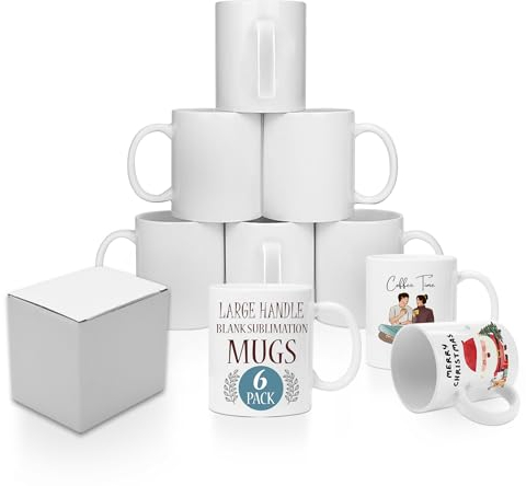 KAPCO 6 x White Sublimation Mugs 11oz Large Handle Heat Press AA Grade
