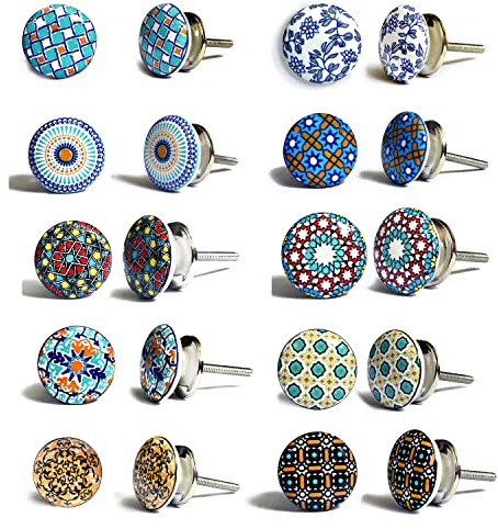 Nacnic 10 Pomos de Cerámica Multicolor pintados a mano | Tiradores para Cocina Cajones Armarios Muebles de Baño | Pomos de Cerámica Originales | 40 mm de Diámetro y Longitud
