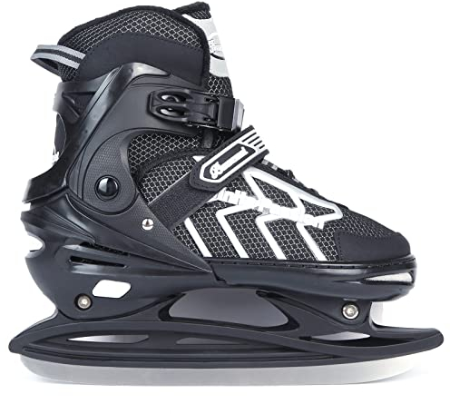 Verstellbar Eishockey Schlittschuhe für Herren Damen Erwachsene Kinder, Edelstahl Ice Skates, Eislaufschuhe mit Schnellschnürsystem & Push-Lock-Schnalle für Sicheren Halt (Schwarz Asche, XL42_45)
