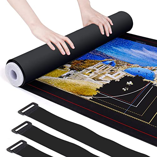 Roll-Up Puzzle Mat by TIPKITS with 3.35 Foam Tube & 1.97 Hook & Loop Straps, Jigsaw Puzzle Pad with Storage Bag, Polyester Front & Non-Slip Rubber Back, Up to 1500 Pieces