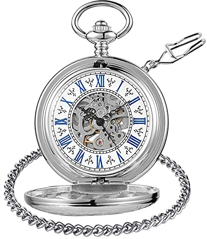 Tiong Vintage Steel Pocket Watch Mechanical Automatic Steampunk Unique Roman Numerals Pocket Watches with Chain Clip for Men