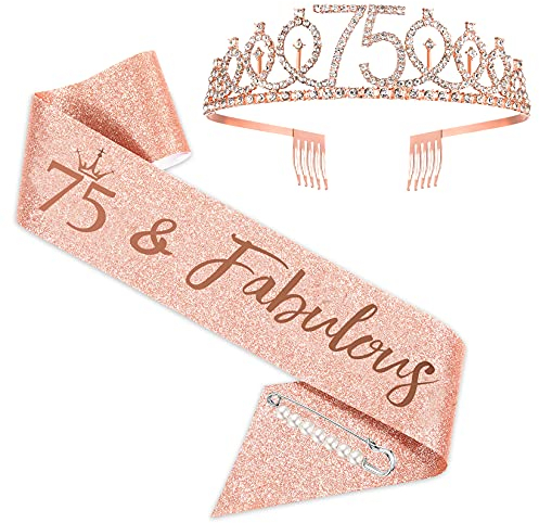 SZHUIHER 75th Birthday Sash and Tiara for Women, Rose Gold Birthday Sash Crown 75 & Fabulous Sash and Tiara for Women, 75th Birthday Gifts for Happy 75th Birthday Party Favor Supplies