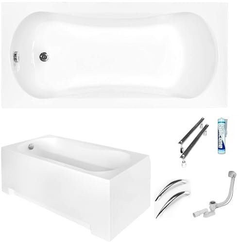 ECOLAM Baignoire rectangle Aria 150x70 cm | tablier en acrylique | 2x poignées | pieds siphon + silicone | Baignoire acrylique blanc | set complet