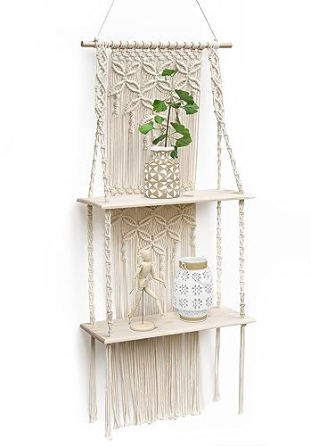 SUMGAR Estantería Pared, Baldas Pared Madera Colgante de Macramé con Cuerdas, Bohemia Estante Flotante Decoración para Baño Salon Dormitorio Oficina