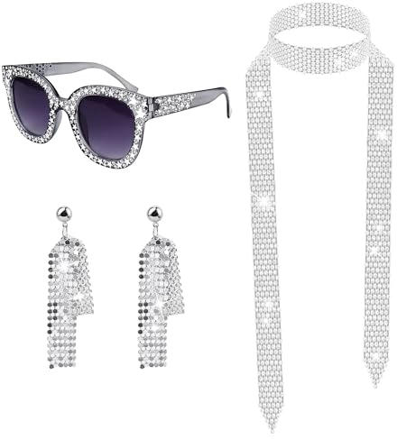 Baanfly 4 Stück 1970er Jahre Disco Kostüm Set Bling Sonnenbrille Lange Schal und Ohrringe Damen Hippie Dressing Zubehörset Kit für 70er 80er Disco Retro Party