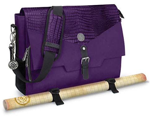 ENHANCE Player's Essentials DnD-Tasche, Sammleredition - Umhängetasche aus Drachenhaut für 2–4 Bücher, Ordner, Würfel und Zubehör, mit 17-Zoll-Laptop-Steckplatz, Battlemap-Riemen (Drachen Lila)