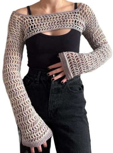 Damen Häkelstrickpullover Hollow Out Crop Top Lange Ausgestellte Ärmel Strick Bolero Shrug Sweater Y2k Pullover Tops, C Khaki, L