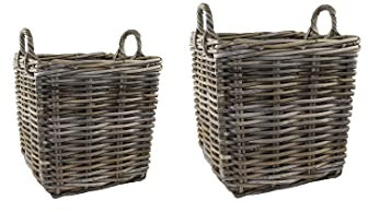 Ivyline Wicker Log Basket Set with Side Handles - Square Hand Finished Kindling Storage - Pack of 2