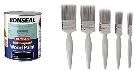 Ronseal 10 Year Weatherproof 2 in 1 Wood Paint Black Satin 750ml and Harris Essentials Walls & Ceilings Paint Brush Set | Pack of 5 | 0.5, 1, 1.5, 2