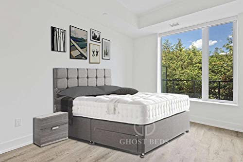 GHOST BEDS Luna Grey Suede Divan Bed Set + 10 Orthopaedic Mattress + 24 Matching Headboard with Optional Drawers (2 Drawers Same Side, 4ft6 Double)