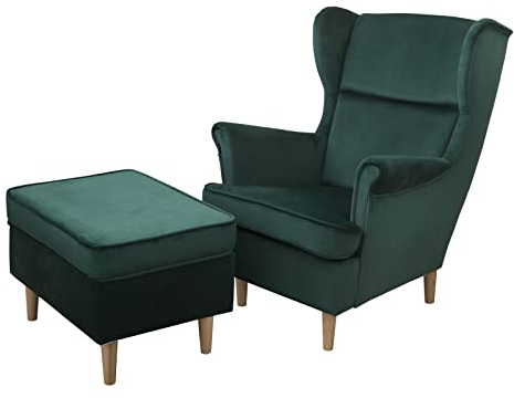 MargaretHadas24 Ohrensessel Teramo mit Hocker bequemer Sessel Wohnung Relaxsessel (Kronos 19 - grün)