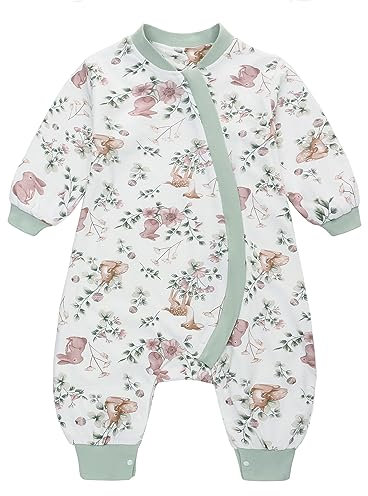 Baby Schlafsack mit Füßen 1 Tog Langarm Babyschlafsack Kinderschlafsack Baumwolle Schlafanzug für Jungen und Mädchen (Grün, M/80)