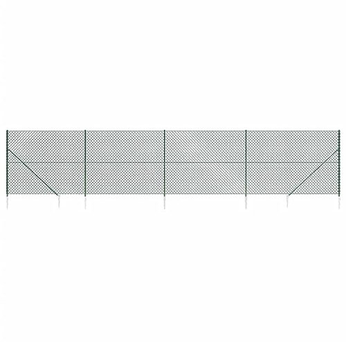 vidaXL Green Chain-Link Fence with Spike Anchors - Galvanised Steel and PVC Coated Wire Mesh Fence for Property and Animal Enclosure, Cut-to-Size, 1.6 x 10 m Fence Roll Included, Assembly Required