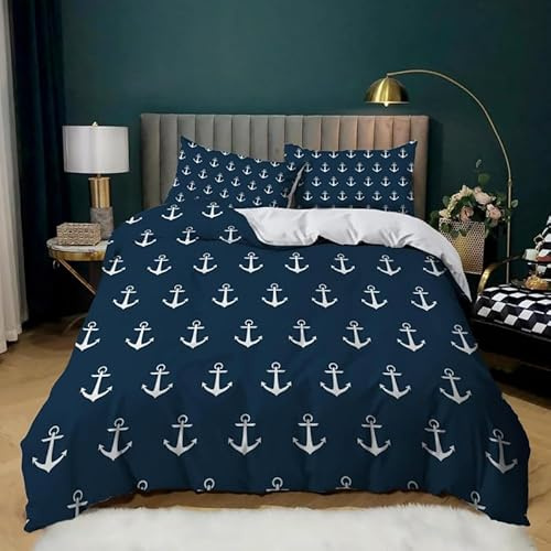CCZM Bettwäsche 135x200 Blau Bettbezüge 3 Teilig, Weich Warme Microfaser Bettwäsche-Sets, Bettbezug Anker und 2 Kissenbezug 80x80 cm mit Reißverschluss