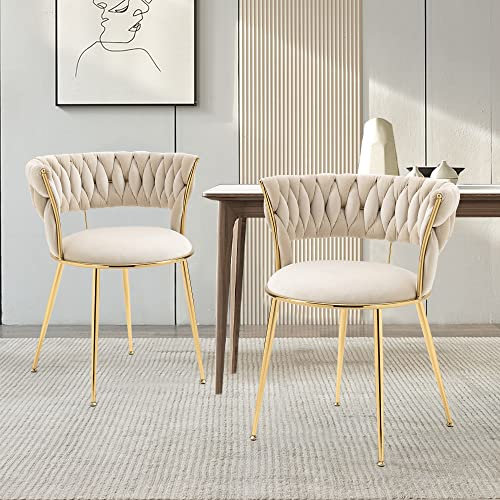 fortuna Lai Lot de 2 chaises de Salle à Manger en Velours avec Dos tissé et Pieds en métal doré, chaises de Salon, pour Salle à Manger, Salon, Cuisine, Vanity Room (Beige)