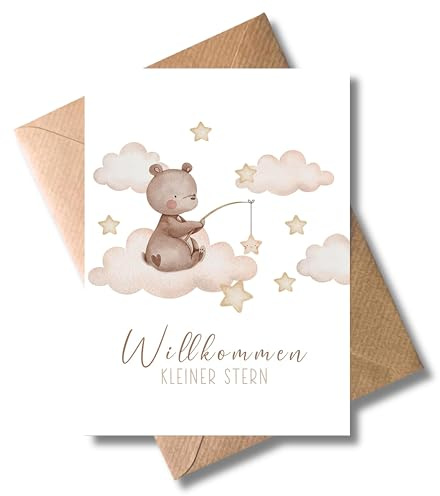 WBdesignz Glückwunschkarte Geburt Willkommen Kleiner Stern mit Umschlag - süße Geburtskarte mit Bär auf Wolke - Babykarte Für Baby Mädchen Jungen (DIN A6)