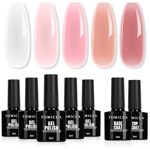TOMICCA Gel Nail Polish Set 7PCS Milky White Sheer Pink Jelly Gel Nail Polish Set with No Wipe Top and Base Coat Crystal Transparent Gel Polish Starter Kit Nail Art Varnish Manicure Gift Set