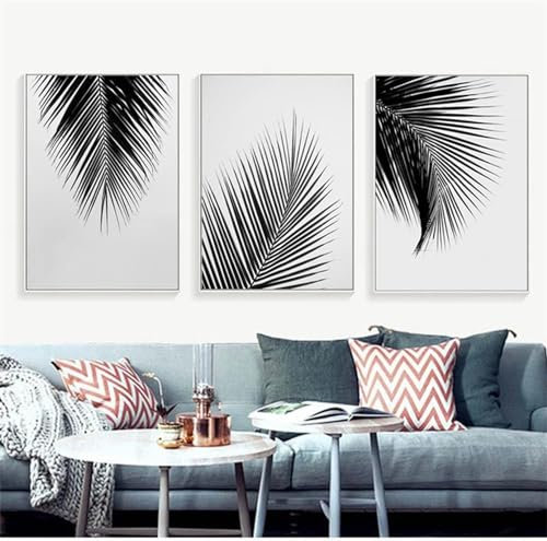 YLHKME Tableau Noir et Blanc Feuilles de Palmier,Affiche Toile Tableau Decoration Murale Salon,pour Chambre Cuisine Bureau, Deco Maison, sans Cadre (Frameless,3X30X50CM)