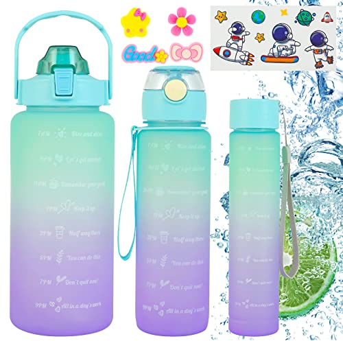 Fyeme Trinkflasche 3er Set 2L 700ML 300ML Wasserflasche Auslaufsicher mit Strohhalm BPA Frei Sportflasche mit Zeitmarkierung mit Tragbarem Griff für Fitnessstudio Schule Outdoor Büro (Grün)