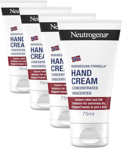 Neutrogena Norwegian Formula Hand Cream Concentrated Unscented (4 x 75ml), For Immediate and Lasting Relief With Glycerin and Vitamin E, (300 Applications)