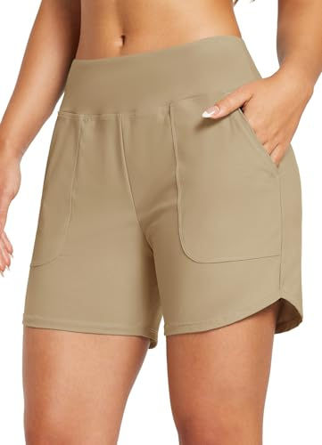 baleaf Swim Shorts Women 5 High Waisted Swimming Custome Bottoms Tummy Control Swimsuits Board Beach Shorts Brown 2XL