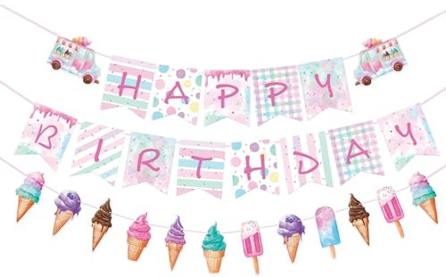 WERNNSAI Eiscreme-Geburtstagsbanner – Eiscreme-Party-Dekorationen für Kinder Mädchen Geburtstagsbanner Wimpelkette rosa Sommerparty-Dekorationen hängende Wanddekoration