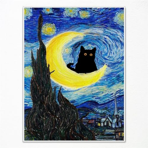 GAINOW Van Gogh Die Sternennacht-Katze, Leinwand Wandkunst berühmte schwarze Katze Poster, lustiger Katzen-Blumendruck, bunte abstrakte ästhetische für Schlafzimmer 30x40cm ungerahmt