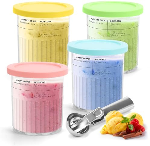 AROMUJOY Bacs à Crème Glacée pour Ninja Creami, Lot de 4 Récipients à Crème Glacée avec Couvercles et Cuillères, Pot Glace Réutilisables Compatible avec Ninja Sorbetières Deluxe NC501 NC500 Series